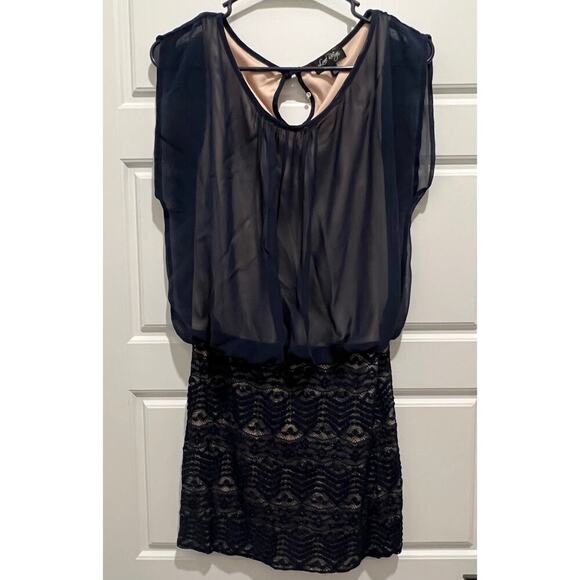 Blue Bodycon Dress Lace Overlay Semi Formal Size Medium Lined Holiday Party - Picture 1 of 10